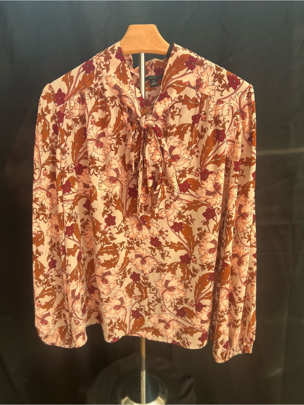 Ann Taylor Factory Floral Tie-Neck Blouse - Cream, Brown & Burgundy